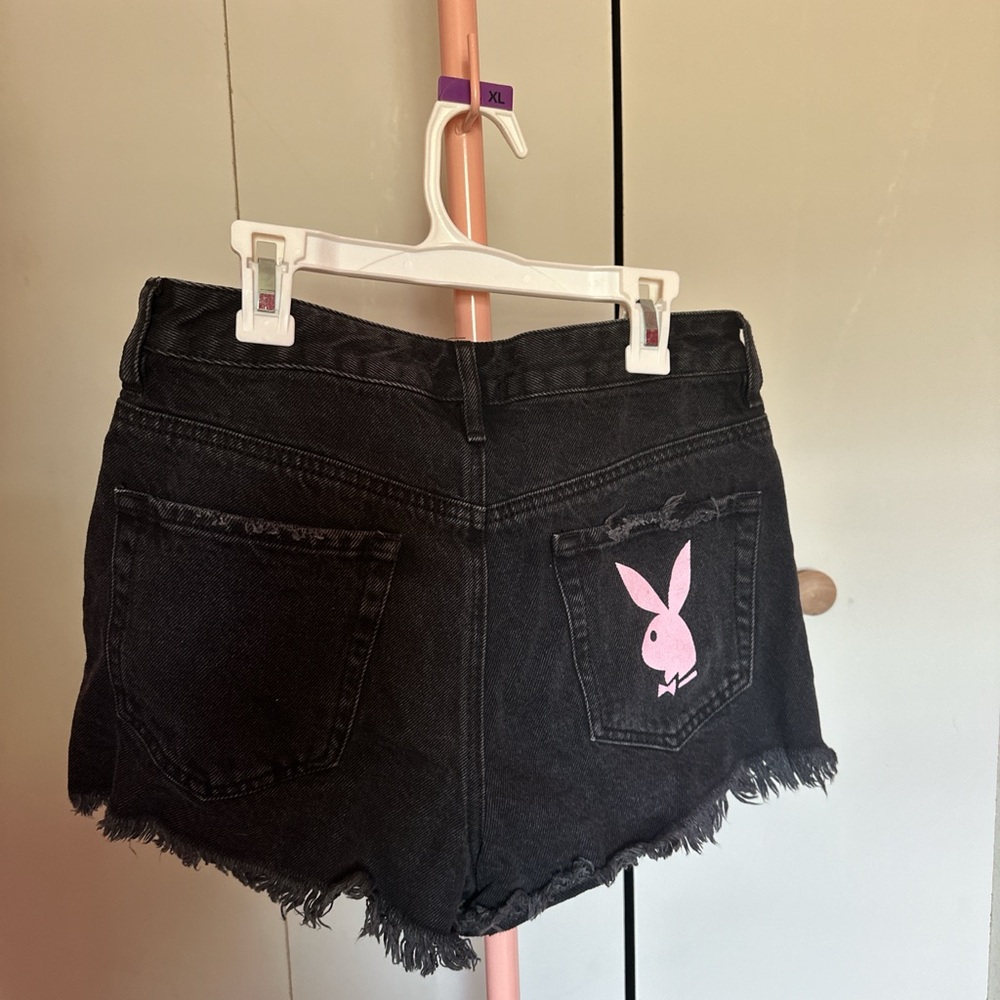 PLAYBOY Black and Pink Jean Shorts Distressed Style